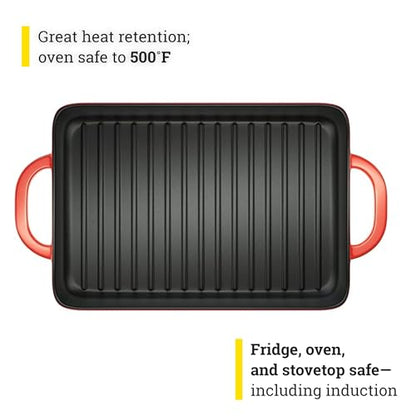 Lodge 12.5 x 8 Inch Enamel Cast Iron Grill Pan - Dual Assist Handles - Use in the Oven, on the Stove, on the Grill, or Over a Campfire - Red