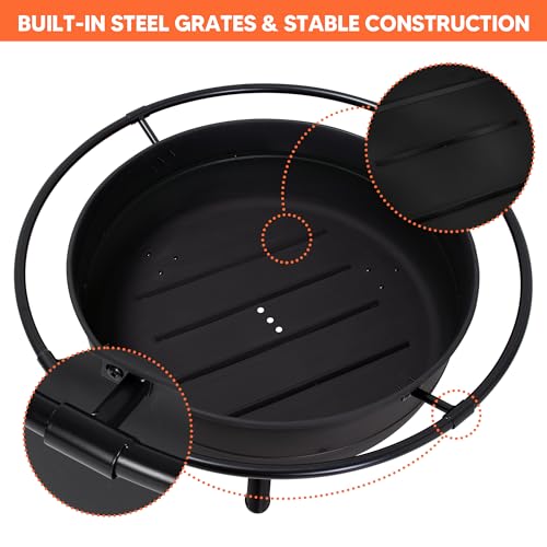 SUNCREAT 42" Outdoor Portable Fire Pit with Spark Screen, Fire Poker, Wood Burning Patio Fire Pits with Protective Ring, Black