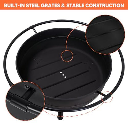 SUNCREAT 42" Outdoor Portable Fire Pit with Spark Screen, Fire Poker, Wood Burning Patio Fire Pits with Protective Ring, Black