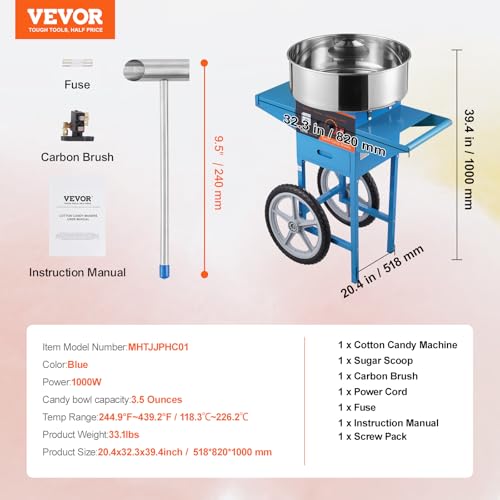 VEVOR Electric Cotton Candy Machine with Cart, 1000W Commercial Candy Floss Maker with Stainless Steel Bowl, Sugar Scoop and Drawer, Perfect for Home, Kids Birthday, Family Party, Blue