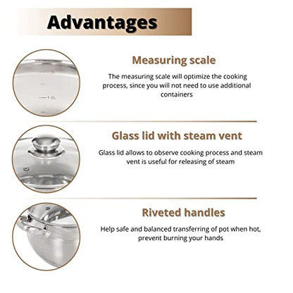 Daniks Classic 6.5 Quart Stainless Steel Stock Pot with Glass Lid, Tri-Ply Bottom for Even Heating, Induction Compatible, Dishwasher Safe