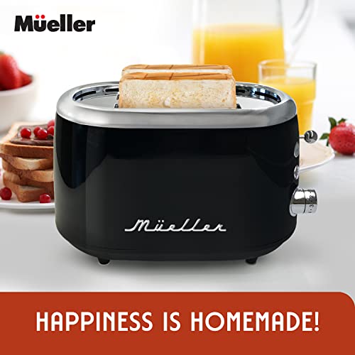 MUELLER HOME Retro Toaster 2 Slice, 7 Browning Levels, 3 Functions (Reheat, Defrost, Cancel), Stainless Steel Features, Removable Crumb Tray, Under Base Cord Storage, Black