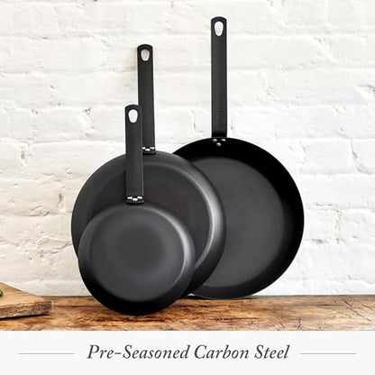 Merten & Storck Pre-Seasoned Carbon Steel 10” Frying Pan Skillet, Use on Induction, Stove and Grill, Durable, Even-Heating, for Searing, Grilling, Oven Use, and Campfire, Indoor/Outdoor