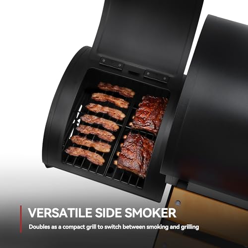 Grills House Barrel Charcoal Grill with Offset Smoker, 824 Sq. In. Cooking Area, Wooden Front Shelf, Bottom Shelf, Blow-Molded Wheels, Outdoor Charcoal Grill for Backyard Cooking, Black,CC1831W