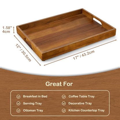 GCWSTJK 17 Inch Acacia Wood Serving Tray with Handles, Large Wooden Tray for Ottoman, Breakfast in Bed, Coffee Table, Dinner, Perfect for Living Room Bedroom Entryway and Kitchen