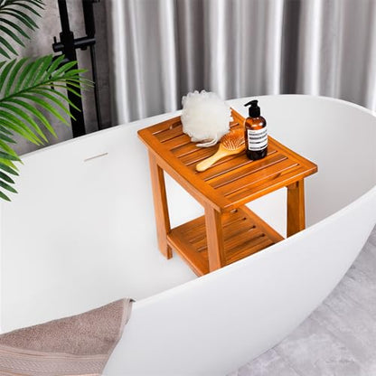 14" Compact Teak Shower Stool with Shelf & Handle - Waterproof, Non-Slip Bath Bench for Small Bathrooms/Tub/Outdoor Use, 300 lbs Capacity (Patented)