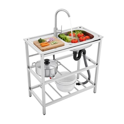 BANEBONE Portable Commercial Stainless Steel Freestanding Single Bowl Utility Sink Set - Outdoor Kitchen Sink for Restaurant Cafe Hotel Garage and Laundry Room with 2-Tier Storage Shelves (H 30.7in)
