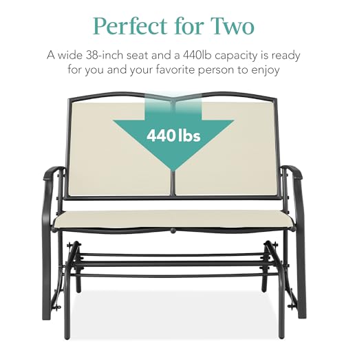 Best Choice Products 2-Person Outdoor Patio Swing Glider Steel Bench Loveseat Rocker for Deck, Porch w/Textilene Fabric, Steel Frame - Ivory/Gray