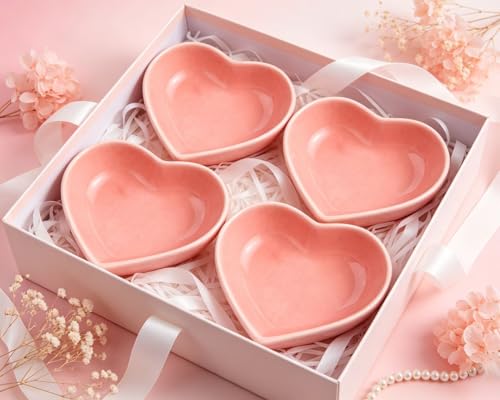 DS. DISTINCTIVE STYLE Heart Shape Ceramic Dipping Bowls Porcelain Sauce Dishes Set Of 4 Pink Mini Serving Ramekins
