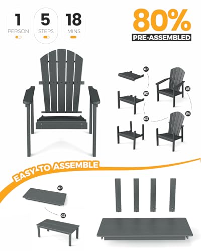 nevilywood Stackable Adirondack Set, 4 Chair with Table, Patio Set, Grey