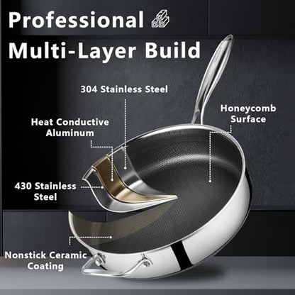 SAKAMOSH 12 Inch Frying Pan Nonstick with Lid, 5.6QT Hybrid Ceramic Deep Saute Pan & Skillet, Tri-Ply Stainless Steel for Even Heat, PFOA/PFOS Free, Induction & Oven Safe