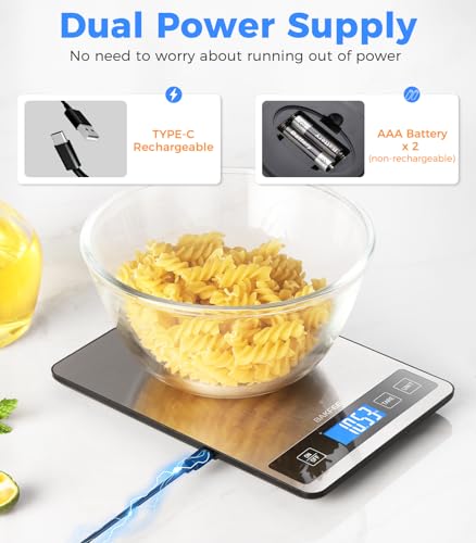 BakFee Food Scale - 15kg/33lb Rechargeable Digital Kitchen Scale with Full-View LCD Display, Grams and Ounces, Type-C or Batteries, Easy Clean Stainless Steel, for Baking, Cooking & Meal Prep, Black