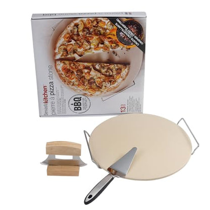 Delux Pizza Stone Set with Pizza Cutter Pizza Server, 13inch Ceramic Baking Stone for Oven and Grill with Metal Handle Rack,Quick Baked n Serving Pizza in Home n Outdoor