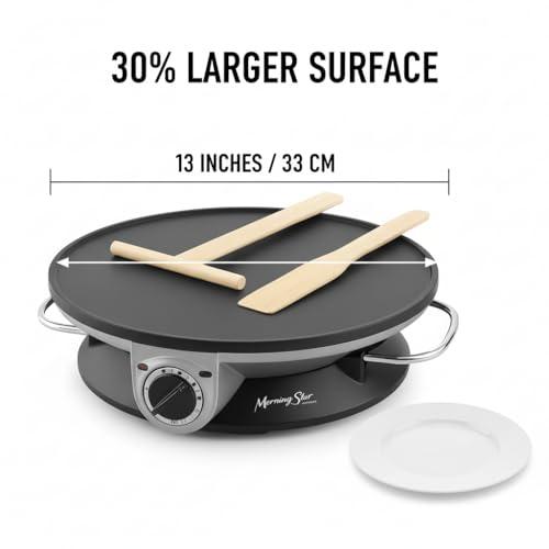 Morning Star 13" Electric Crepe Maker, Nonstick Pancake Griddle, Adjustable Temperature Control with LED Indicator Lights, Includes Spatula & Batter Spreader, Quick Cleanup, Stainless Steel