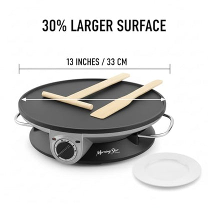 Morning Star 13" Electric Crepe Maker, Nonstick Pancake Griddle, Adjustable Temperature Control with LED Indicator Lights, Includes Spatula & Batter Spreader, Quick Cleanup, Stainless Steel