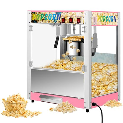 Commercial Popcorn Machine with 8 Oz Kettle, 850 W Countertop Popcorn Maker for 48 Cups per Batch, Theater Style Popper with 3 Switch Control Steel Frame Tempered Glass Doors (pink, 8OZ)