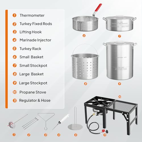 ROVSUN 30QT Turkey Fryer & 10QT Fish Fryer Kit w/ 55,000BTU Propane Stove, Aluminum Outdoor Deep Fryer & Seafood Boiler Steamer w/Baskets, Thermometer, Marinade Injector, Turkey Rack & Rack Lifter