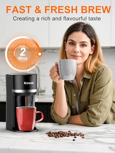 Karosie Single Serve Coffee Maker for K-Cup and Grounds, Fast Brew, 6-12 oz Brew Sizes Single Cup Coffee Maker Fits 5.5" Mugs, One-Button Small Coffee Maker, Descaling Reminder,Black,9.45 Inches