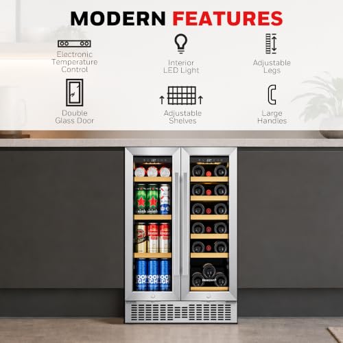 Honeywell 24 Inch Dual Zone Compressor Wine Cooler Refrigerator & Beverage Cooler,Large Freestanding Wine Cellar For Red,White,Champagne or Sparkling Wine,Digital Temperature Control,Stainless Steel