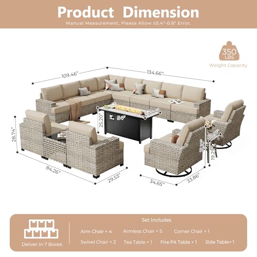 HOOOWOOO Sectional Patio Furniture Set with Fire Pit Table,15 Pieces Wicker Outdoor Furniture L Shaped Couch,Outside Conversation Set Extra Deep Seat Sofa Wide Arm Swivel Chairs Solar Light,Beige