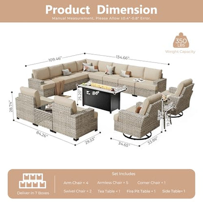 HOOOWOOO Sectional Patio Furniture Set with Fire Pit Table,15 Pieces Wicker Outdoor Furniture L Shaped Couch,Outside Conversation Set Extra Deep Seat Sofa Wide Arm Swivel Chairs Solar Light,Beige