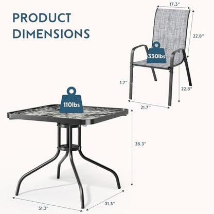 Arlopu 5 Pieces Outdoor Patio Dining Set, Glass Table and Textilene Chair