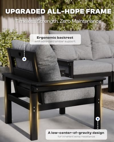 Patio Kingdom HDPE Outdoor Patio Furniture Set, 11-Piece Sectional Set with 3-Seat Sofa, 4 Armchairs & 4 Tables, All-Weather Couch with Grey Washable Cushions for Porch (Black Frame)