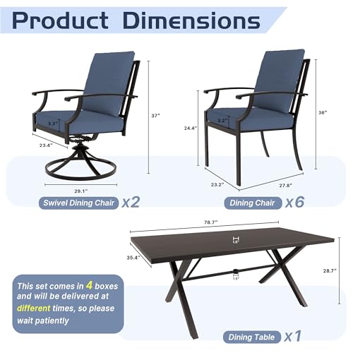 ALAULM 9-Piece Patio Dining Table and Chairs for 8 Outdoor Dining Set with 2 Swivel Chairs Patio Dining Sets with Rectangular Metal Table with Umbrella Hole for Patio, Backyard, Garden-Dark Blue