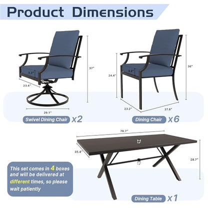 ALAULM 9-Piece Patio Dining Table and Chairs for 8 Outdoor Dining Set with 2 Swivel Chairs Patio Dining Sets with Rectangular Metal Table with Umbrella Hole for Patio, Backyard, Garden-Dark Blue