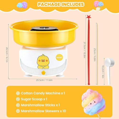 Cotton Candy Machine for Kids, Countertop Cotton Candy Maker Homemade Candy Sweets for Birthday Parties, Includes a Scoop and 10 Candy Cones, Adorable Yellow Duck Cartoon Design