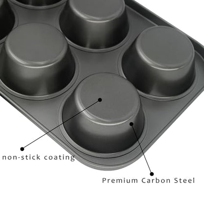 Bakexcel Non-Stick Muffin Pans, 6-Cup Set of 2 Jumbo Baking Pans with a Spatula for Extra-large Muffins & Cupcakes