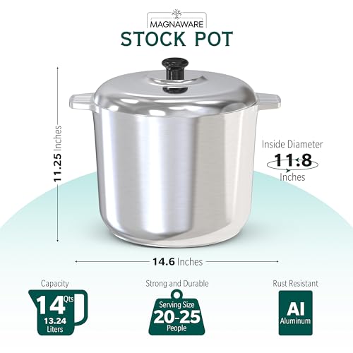 MAGNAWARE 14 Quart Cast Aluminum Stock Pot with Lid - Durable & Lightweight Soup Pot with Even Heat Distribution & Retention - Professional Cookware Stockpot with Silicone Handle Covers