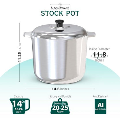MAGNAWARE 14 Quart Cast Aluminum Stock Pot with Lid - Durable & Lightweight Soup Pot with Even Heat Distribution & Retention - Professional Cookware Stockpot with Silicone Handle Covers