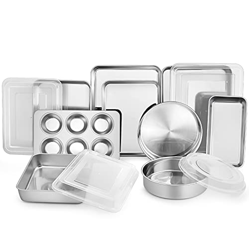 TeamFar Stainless Steel Bakeware Set, 13-Piece Metal Baking Roasting Pans with Lid, Rectangular/Square/Round/Lasagna/Loaf/Muffin Cake Pans, Non-Toxic & Sturdy, Smooth & Dishwasher Safe