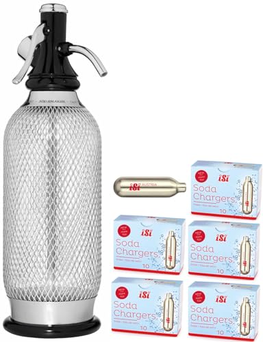 iSi North America Classic Sodamaker Set with Soda Siphon Chargers, 50-Pack - Stainless Steel 1-Quart Sparkling Water System & CO2 Carbonation Chargers for Carbonated Drinks, Juices, Cocktails