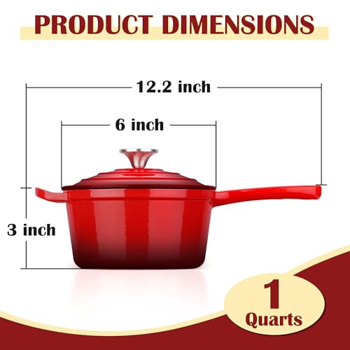 E-far Enameled Cast Iron Sauce Pan with Lid, 1 Quart Dutch Oven Saucepan, Mini Sauce Pot for Cooking, Boiling, Healthy & Non Toxic, Induction & Oven Safe, Red