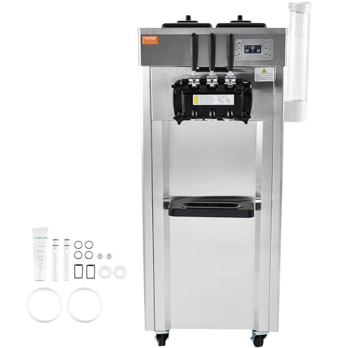 VEVOR 1850W Commercial Soft Ice Cream Machine 3 Flavors 5.5 to 8.2Gallon per Hour PreCooling at Night Auto Clean LCDPanel for Restaurants Snack Bar, Sliver
