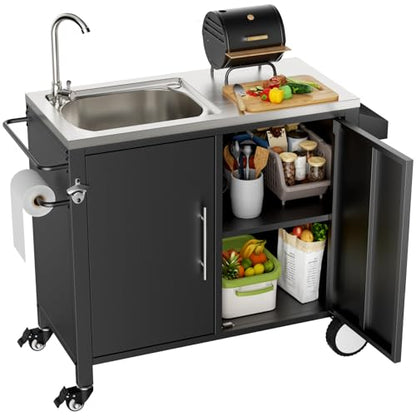 ahomrt Outdoor Grill Table with Sink, Grill Cart with 304 Stainless Steel Sink and Cabinet, Outdoor Grill Cart,Outdoor Cart Sink Station with Wheels, L38” x W18” x H35”