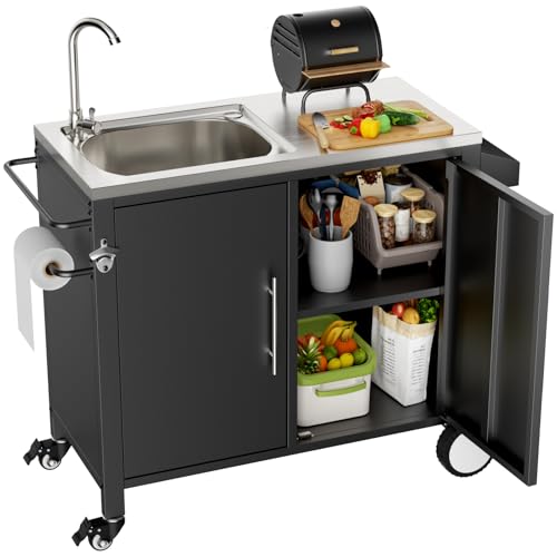 ahomrt Outdoor Grill Table with Sink, Grill Cart with 304 Stainless Steel Sink and Cabinet, Outdoor Grill Cart,Outdoor Cart Sink Station with Wheels, L38” x W18” x H35”