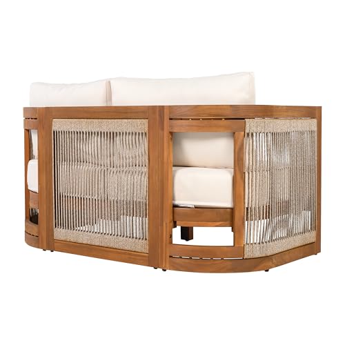Christopher Knight Home Nylan 7-Seater Patio Furniture Set with Removable Cushion, 5 Piece Outdoor Acacia Wood Conversation Set, Solid Wood Outdoor Sectional Sofa Set with Coffee Table, Teak+Beige