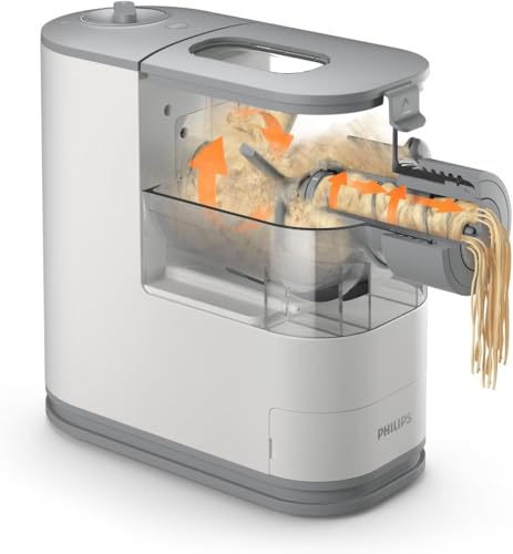 Philips Kitchen Appliances Compact Pasta and Noodle Maker, Viva Collection, Comes with 3 Default Classic Pasta Shaping Discs, Fully Automatic, Recipe Book, Small, White (HR2370/05)