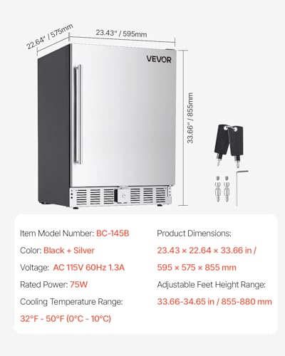 VEVOR 24-Inch Outdoor Beverage Refrigerator, 150 QT Built-in Drink Fridge, 0.56 kWh/Day Energy-Efficient Cooler with 304 Stainless Steel Door, Holds 180 Cans for Outdoor Kitchen, Home Bar, Patio