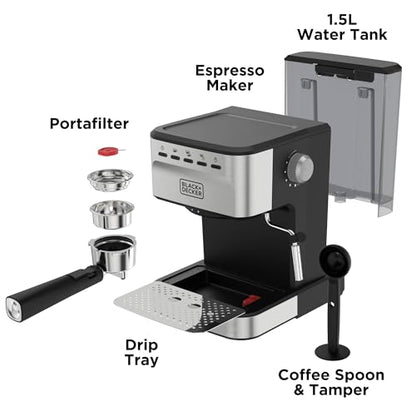 Black+Decker Semi-Automatic 15 Bar Espresso and Cappuccino Maker, Versatile Machine with Ability to use Grounds or ESE Pods to Make Your Perfect Cup of Coffee
