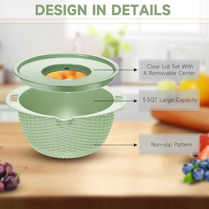 4-1 Strainer with Bowl & Spoons Set - Strainers and Colanders - Colanders for kitchen(Patented) - Pasta Strainer with Upgraded Graters & Spoons for Fruit Veggie Kitchen Essentials, Green