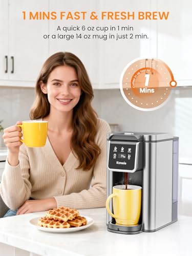 Karosie Hot & Iced Single Serve Coffee Maker for K Pod and Grounds, 6-14 Oz Brew Sizes, 50oz Removable Tank, Single Cup Coffee Maker with Descaling Reminder, Stainless Steel, Black