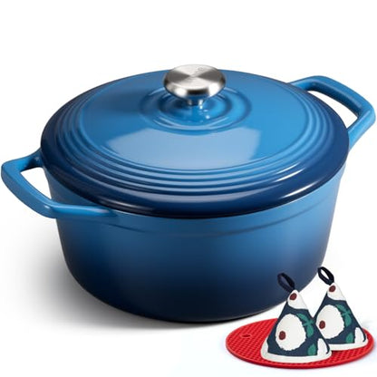 Overmont Enameled Cast Iron Dutch Oven - 5.5QT Pot with Lid Cookbook & Cotton Potholders - Heavy-Duty Cookware for Braising, Stews, Roasting, Sourdough Baking Blue