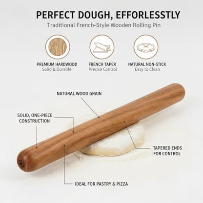 Marubhumi French-Style Rolling Pin, Premium Hardwood with Natural Wood Grain, 18 Inch Tapered Design for Pastry and Pizza, Non-Stick Surface, Solid One-Piece Construction, Brown