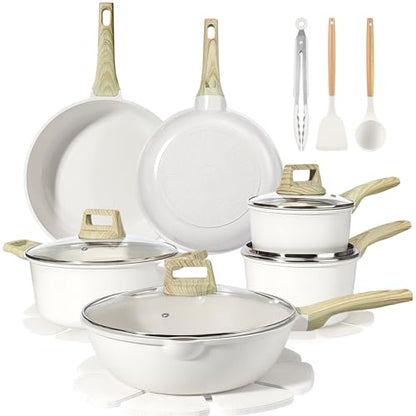 GiPP Ceramic Pots and Pans Set Non Stick - 18 Pcs Nonstick Cookware Set, Non-toxic Healthy Kitchen Cooking Set w/Frying Pans Set, Dishwasher Safe, PFAS PTFE PFOA PFOS Free, Cream White