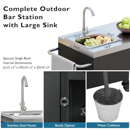 55.5" Outdoor Kitchen Island with Stainless Steel Sink - Rolling Grill Cart with Storage, Mobile Bar Table with 4 Lockable Wheels for Pizza Prep & BBQ