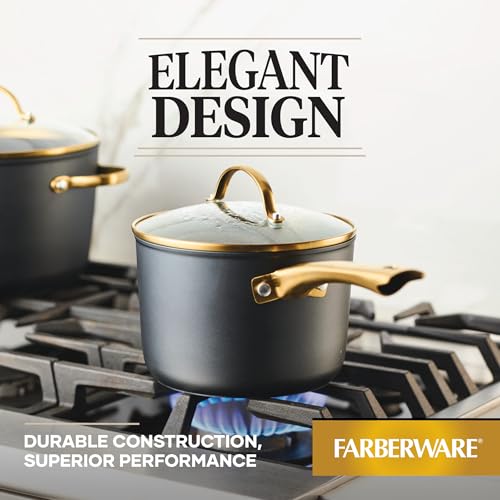 Farberware Forged Induction Ceramic Cookware Nonstick Saucepan with Lid, Dishwasher Safe, Suitable for All Stovetops, 3 Quart Sauce Pan - Black and Gold